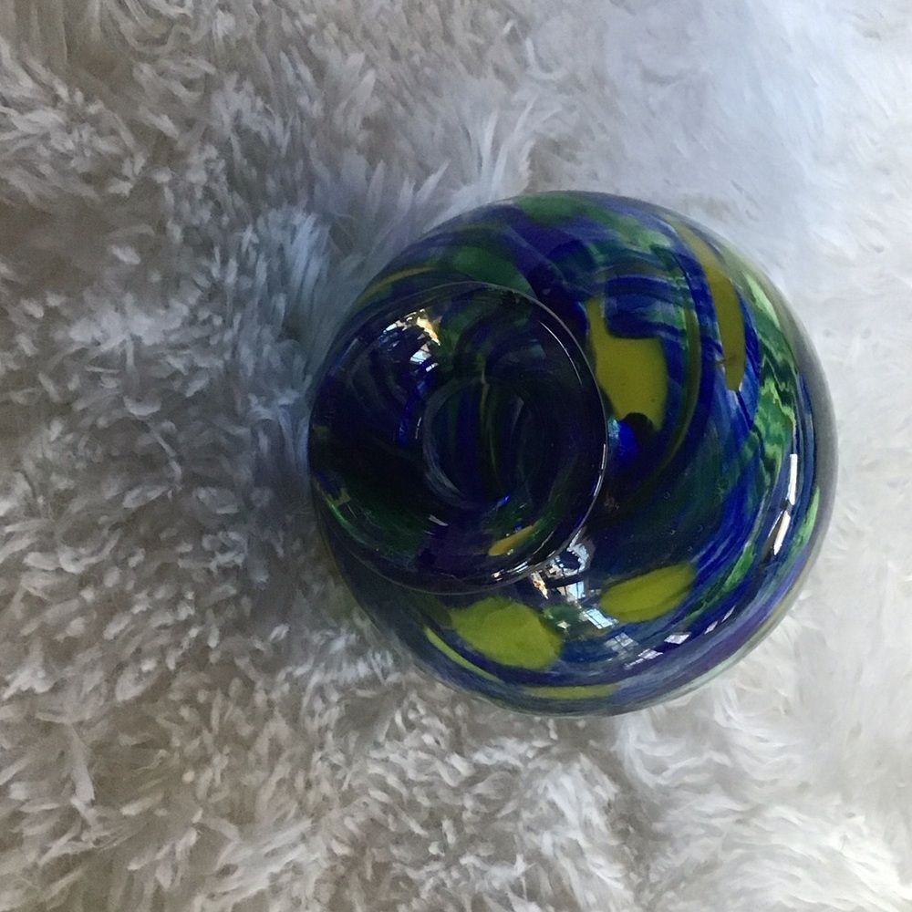 Hand Crafted Glass Orb with Vibrant Blue and Yellow Patterns - Picture 6 of 6